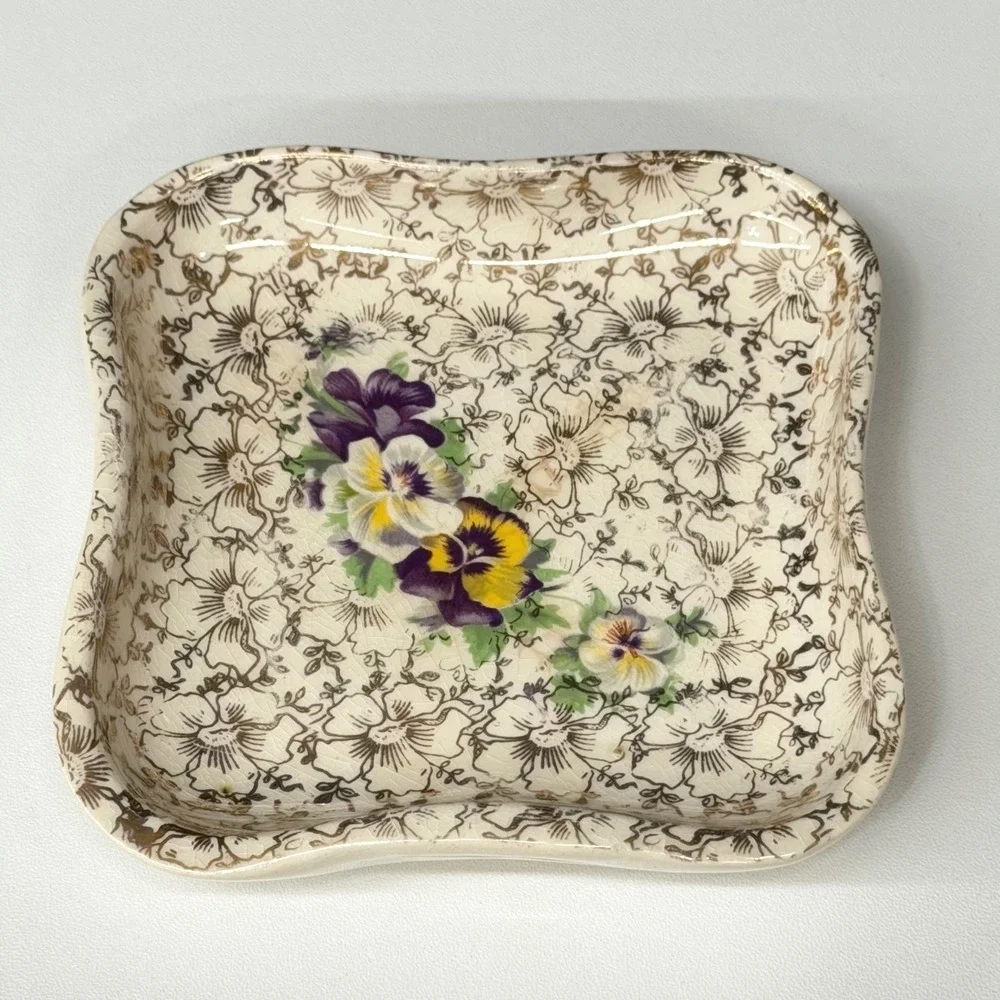Vintage Pansy Floral Porcelain Trinket Dish Square Jewelry Ring Vanity Pin Tray